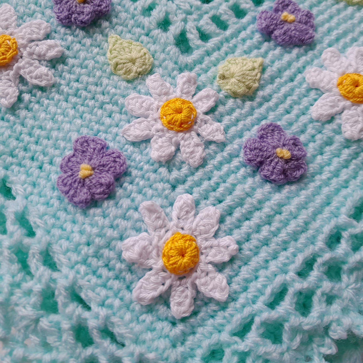 Mint Crochet Baby Blanket Daisy Viola Flowers