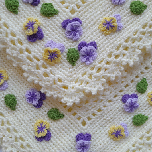 Crochet Baby Blanket Pansy Flowers Applique