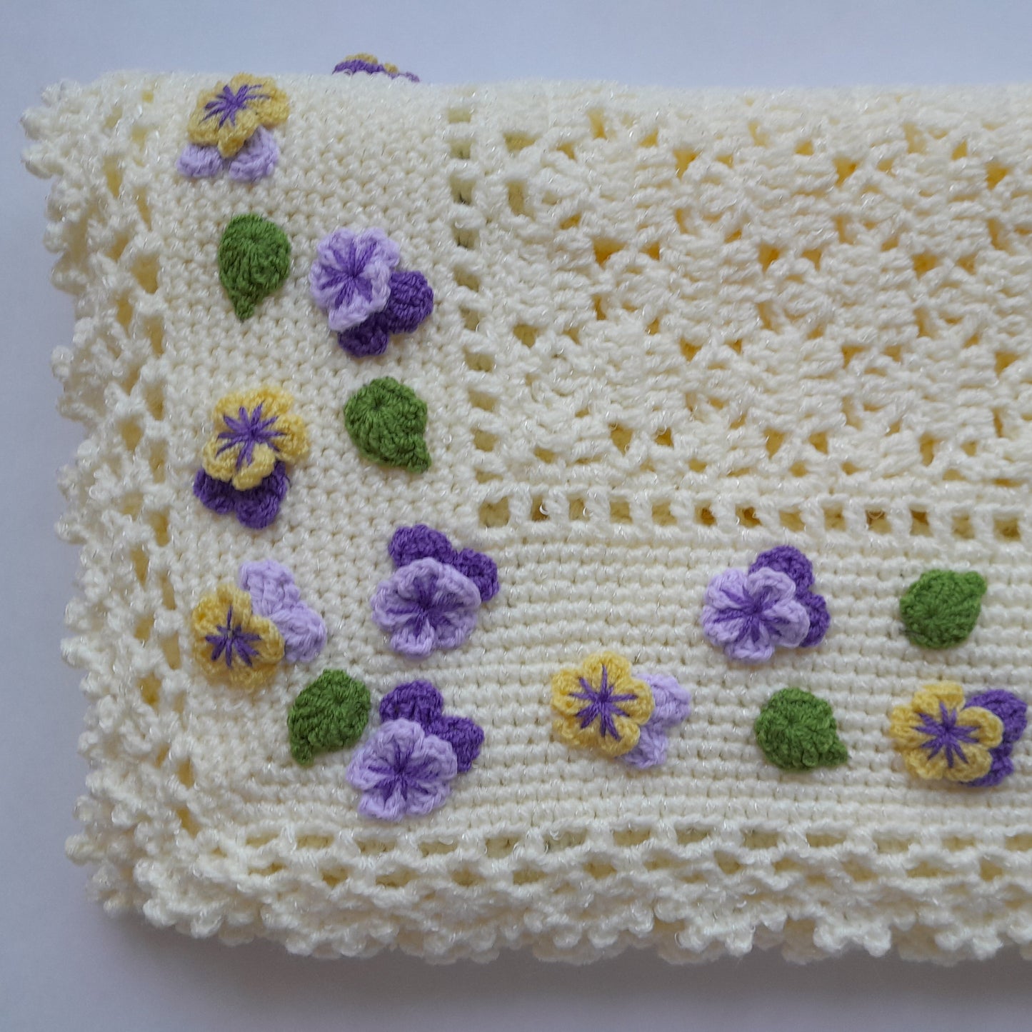 Crochet Baby Blanket Pansy Flowers Applique