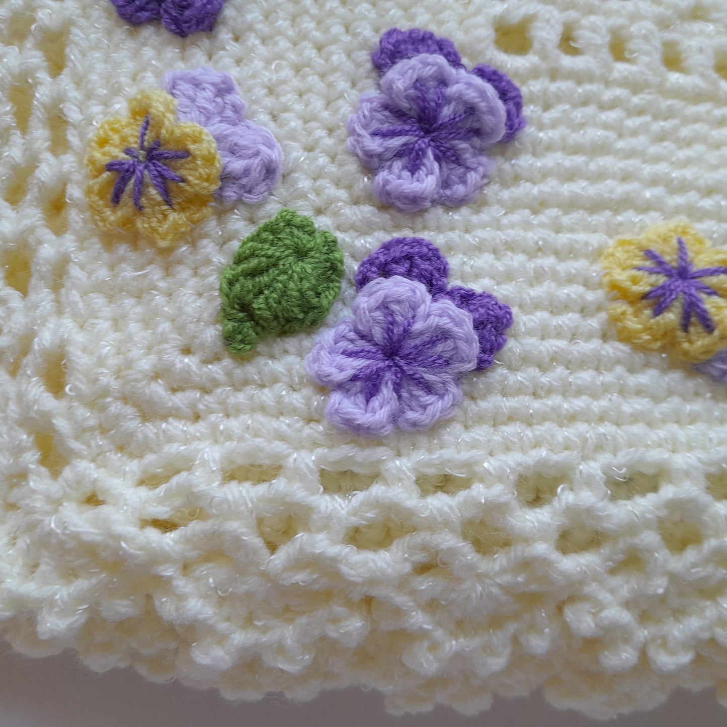 Crochet Baby Blanket Pansy Flowers Applique