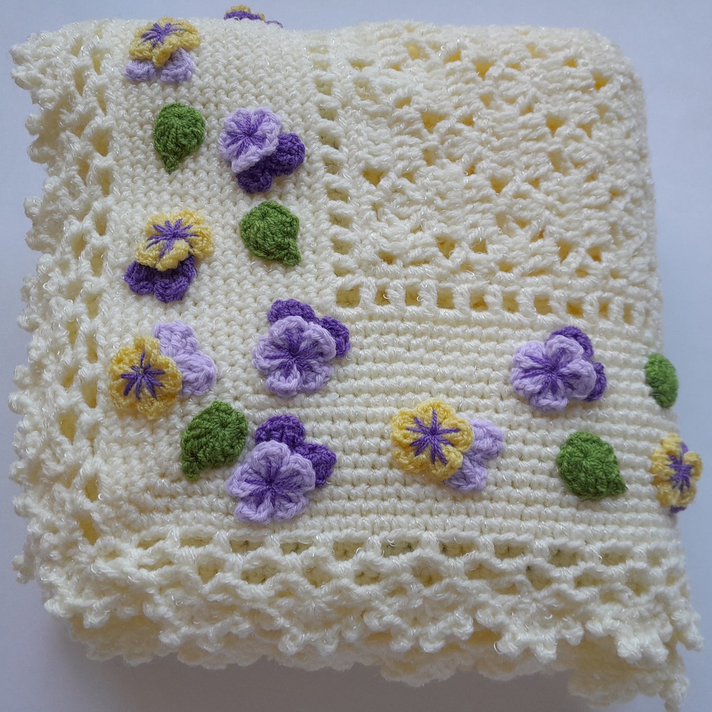 Crochet Baby Blanket Pansy Flowers Applique