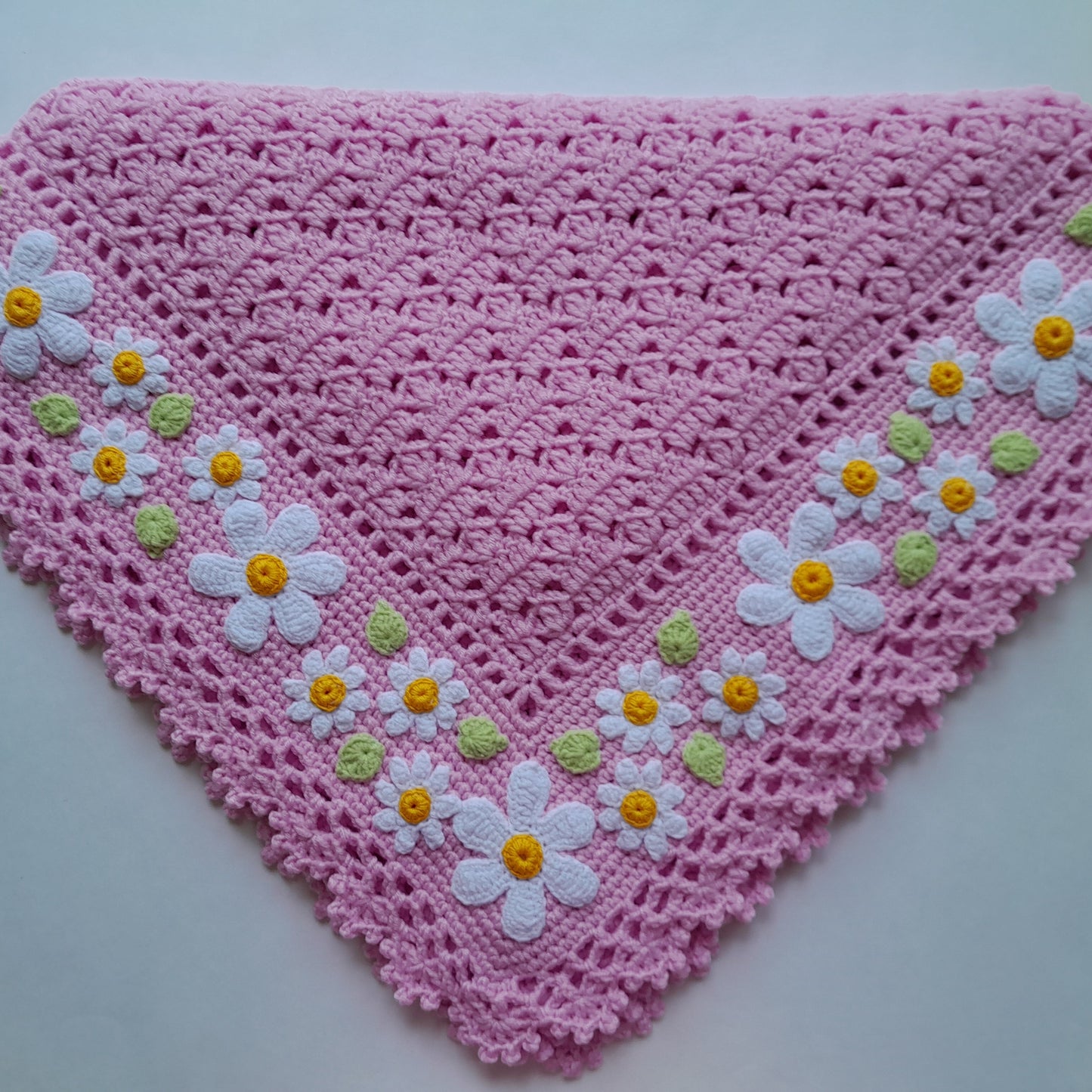 Pink Crochet Baby Blanket with Daisy Flowers Applique