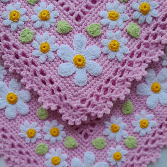 Pink Crochet Baby Blanket with Daisy Flowers Applique
