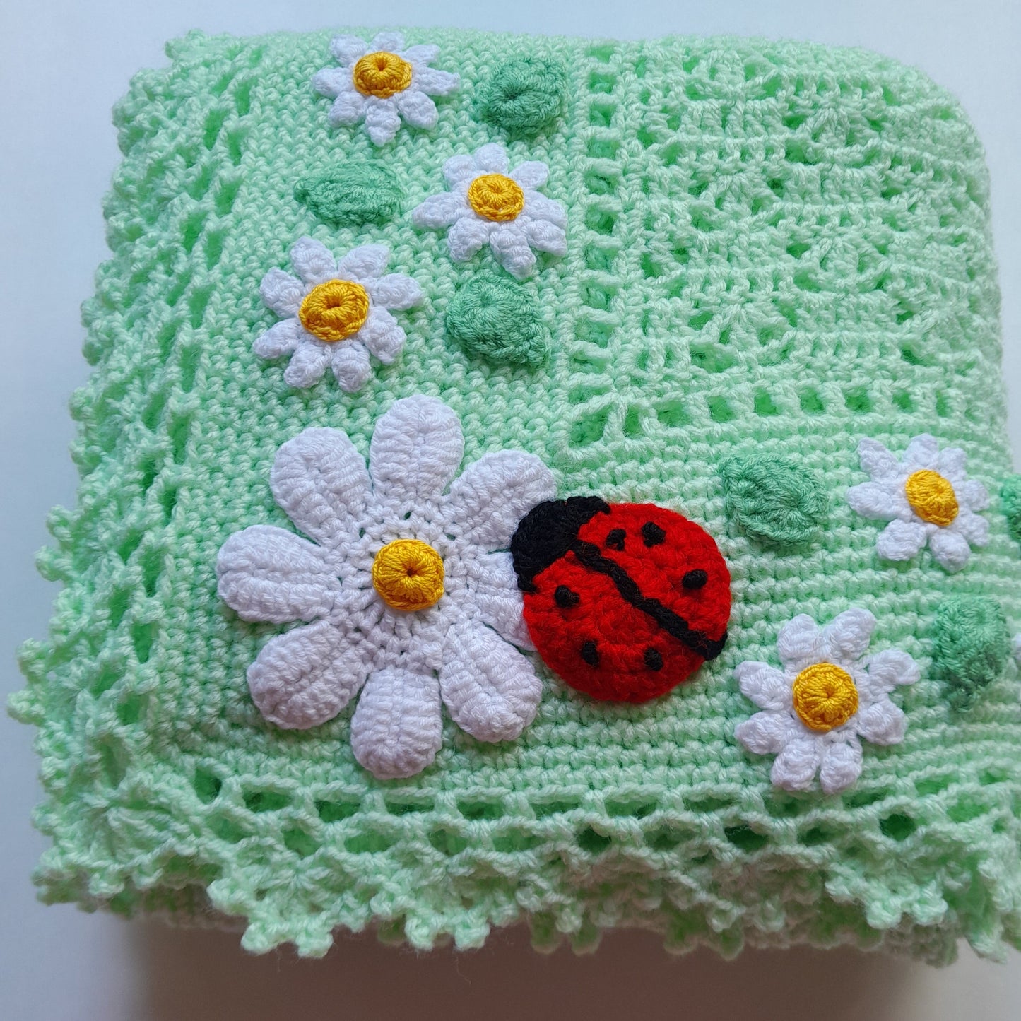 Crochet Baby Blanket Ladybug Daisy Flowers