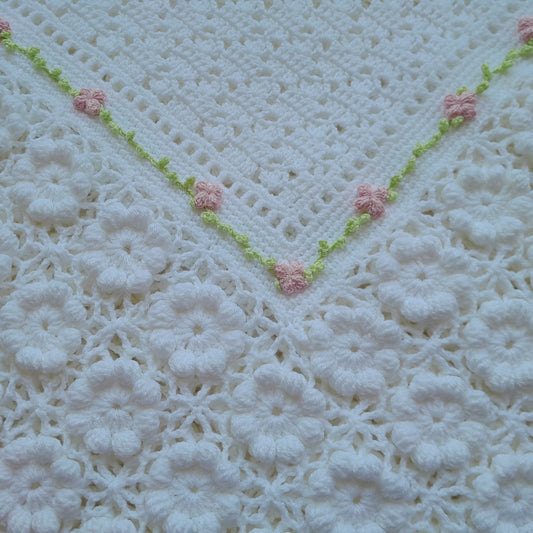 Crochet Baby Blanket White Blossom Flowers