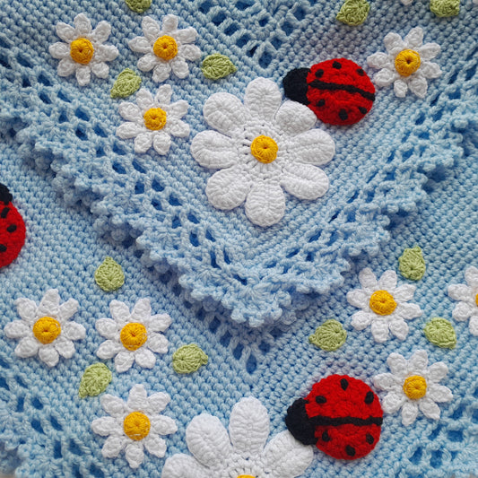 Blue Crochet Ladybug Baby Blanket Daisy Flowers
