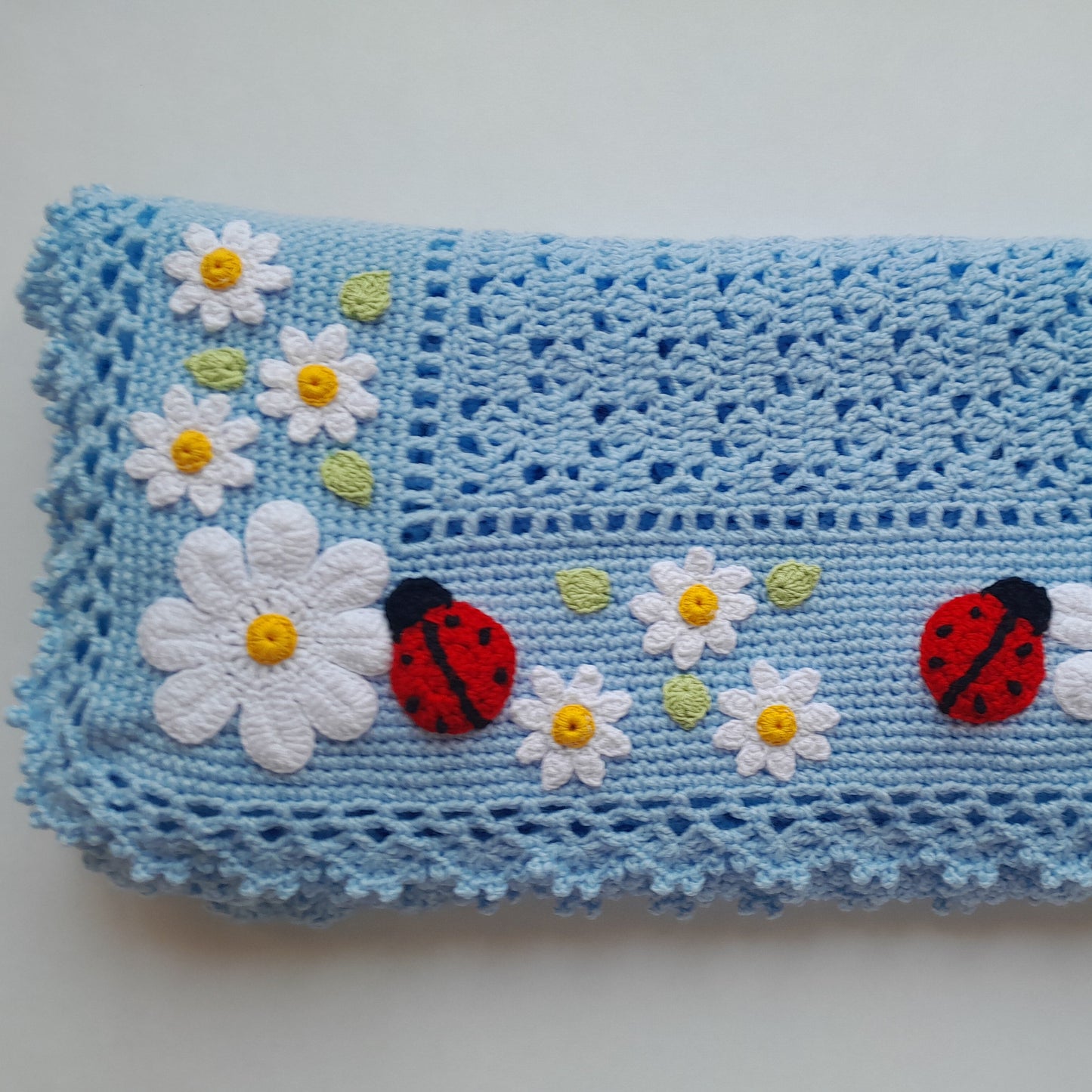 Blue Crochet Ladybug Baby Blanket Daisy Flowers