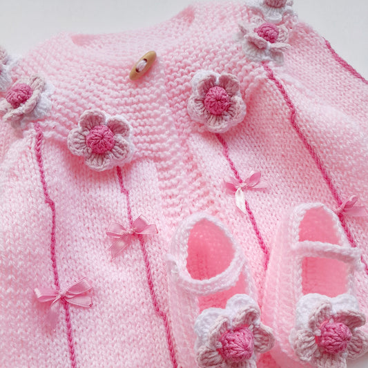Knitted Baby Girl Jacket Pink Flowers Bow Crochet Applique, Baby Booties