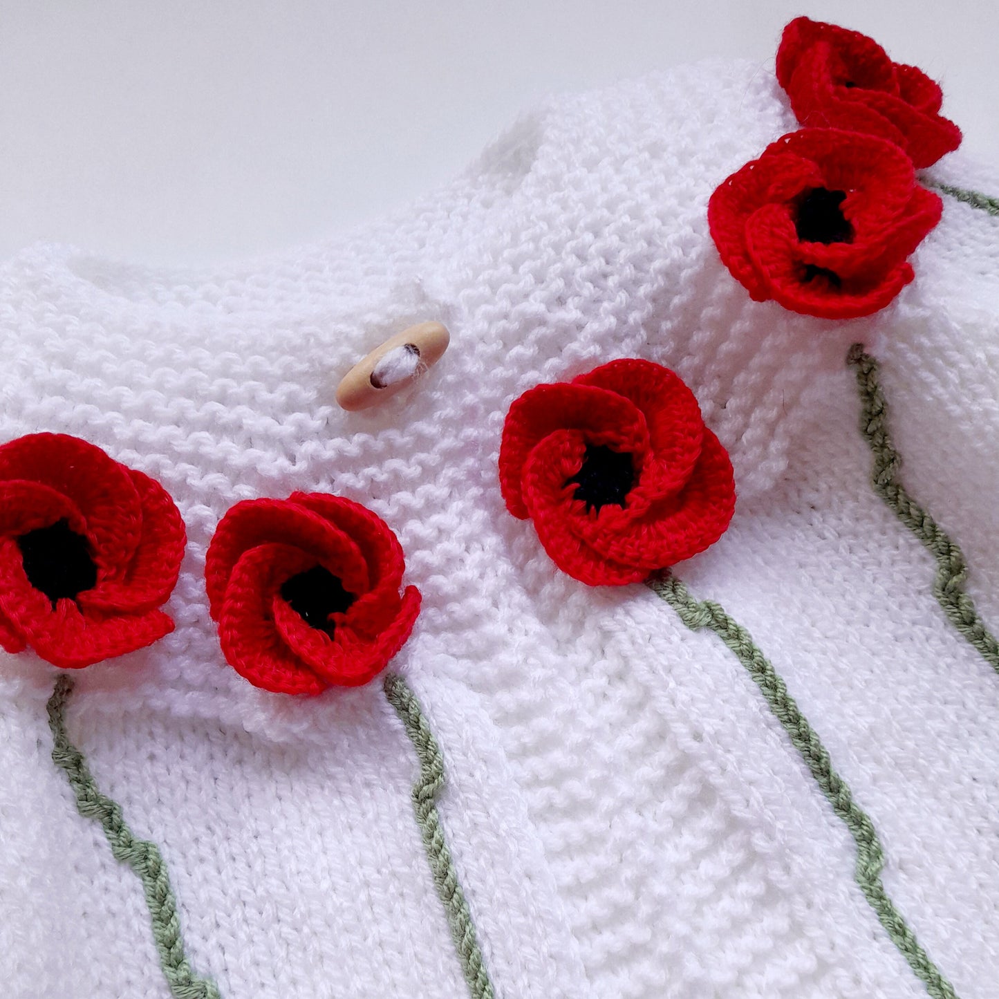 Knitted Baby Girl Jacket Red Wild Flowers Crochet Applique and Baby Booties