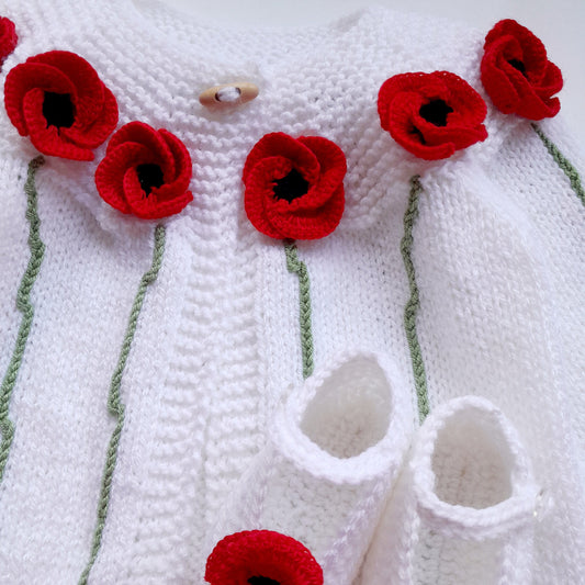 Knitted Baby Girl Jacket Red Wild Flowers Crochet Applique and Baby Booties