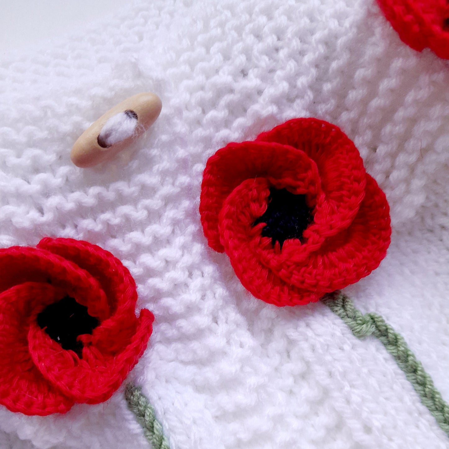 Knitted Baby Girl Jacket Red Wild Flowers Crochet Applique and Baby Booties