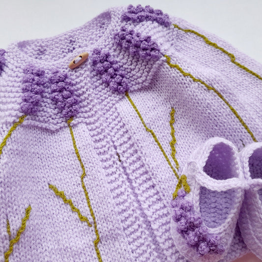 Knitted Baby Girl Jacket Lavender Flowers Crochet Applique and Baby Booties