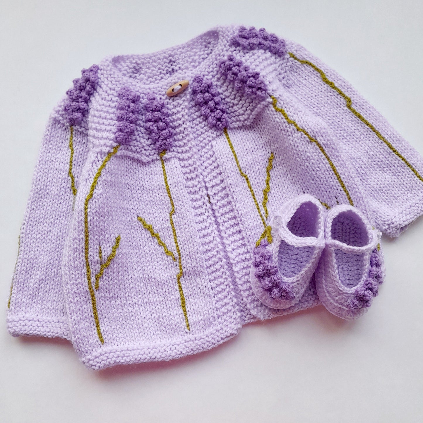 Knitted Baby Girl Jacket Lavender Flowers Crochet Applique and Baby Booties