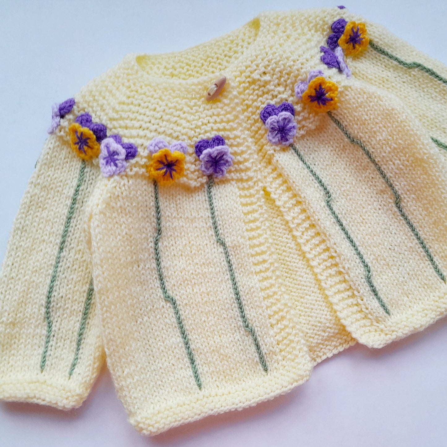 Knitted Baby Girl Jacket Pansy Crochet Applique and Baby Booties