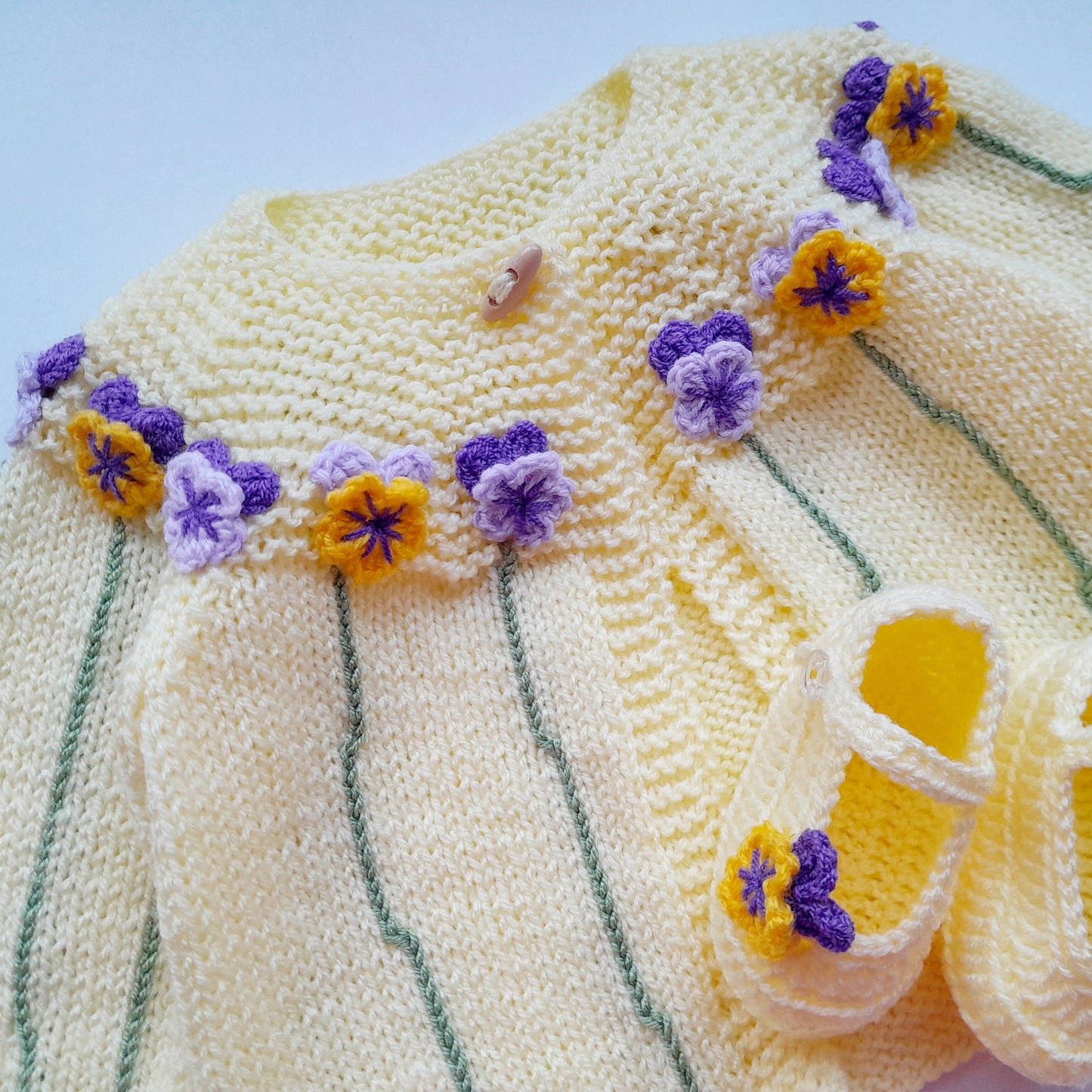 Knitted Baby Girl Jacket Pansy Crochet Applique and Baby Booties