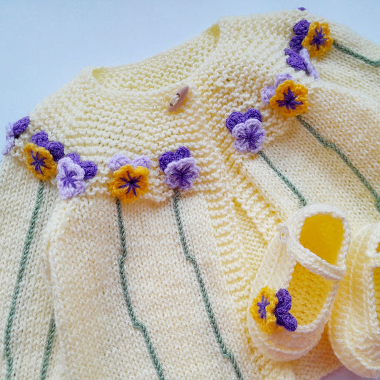 Knitted Baby Girl Jacket Pansy Crochet Applique and Baby Booties