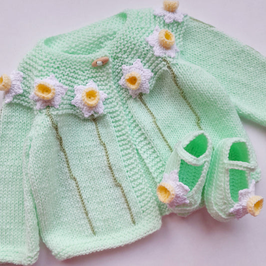 Knitted Baby Girl Jacket Spring Flowers Crochet Applique and Baby Booties