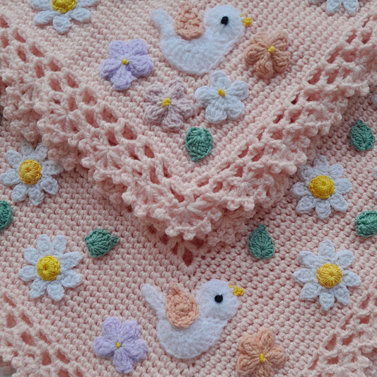 Crochet Baby Blanket Delicate Birds Daisy Flowers