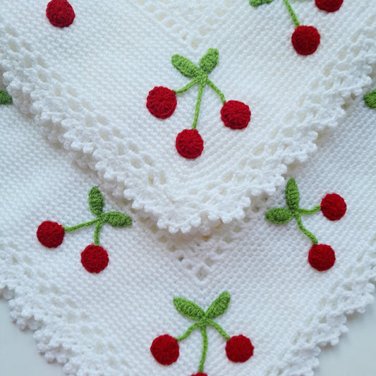White Crochet Baby Blanket Cherry Applique