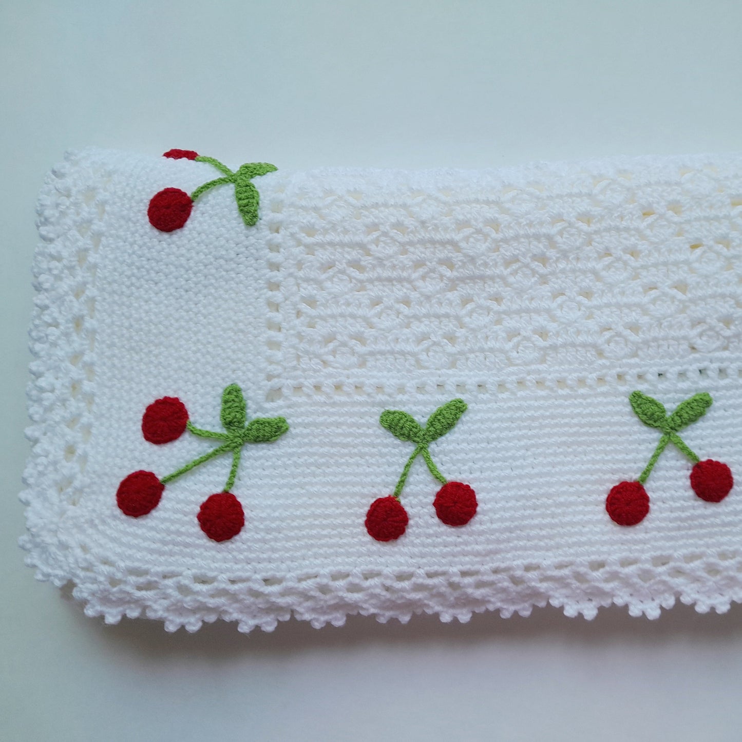 White Crochet Baby Blanket Cherry Applique