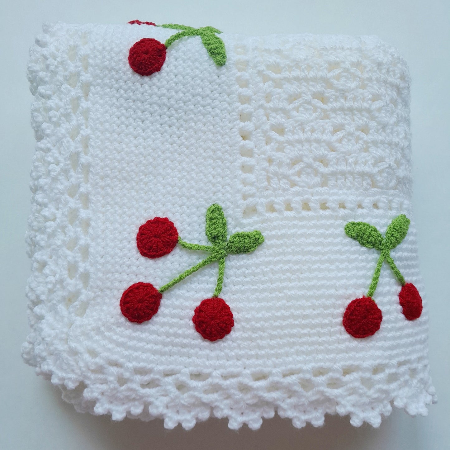 White Crochet Baby Blanket Cherry Applique