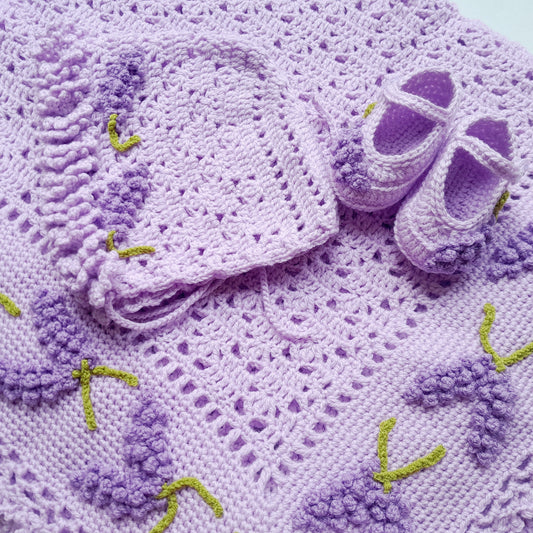 Crochet Baby Blanket, Bonnet, Booties Lavender Flowers