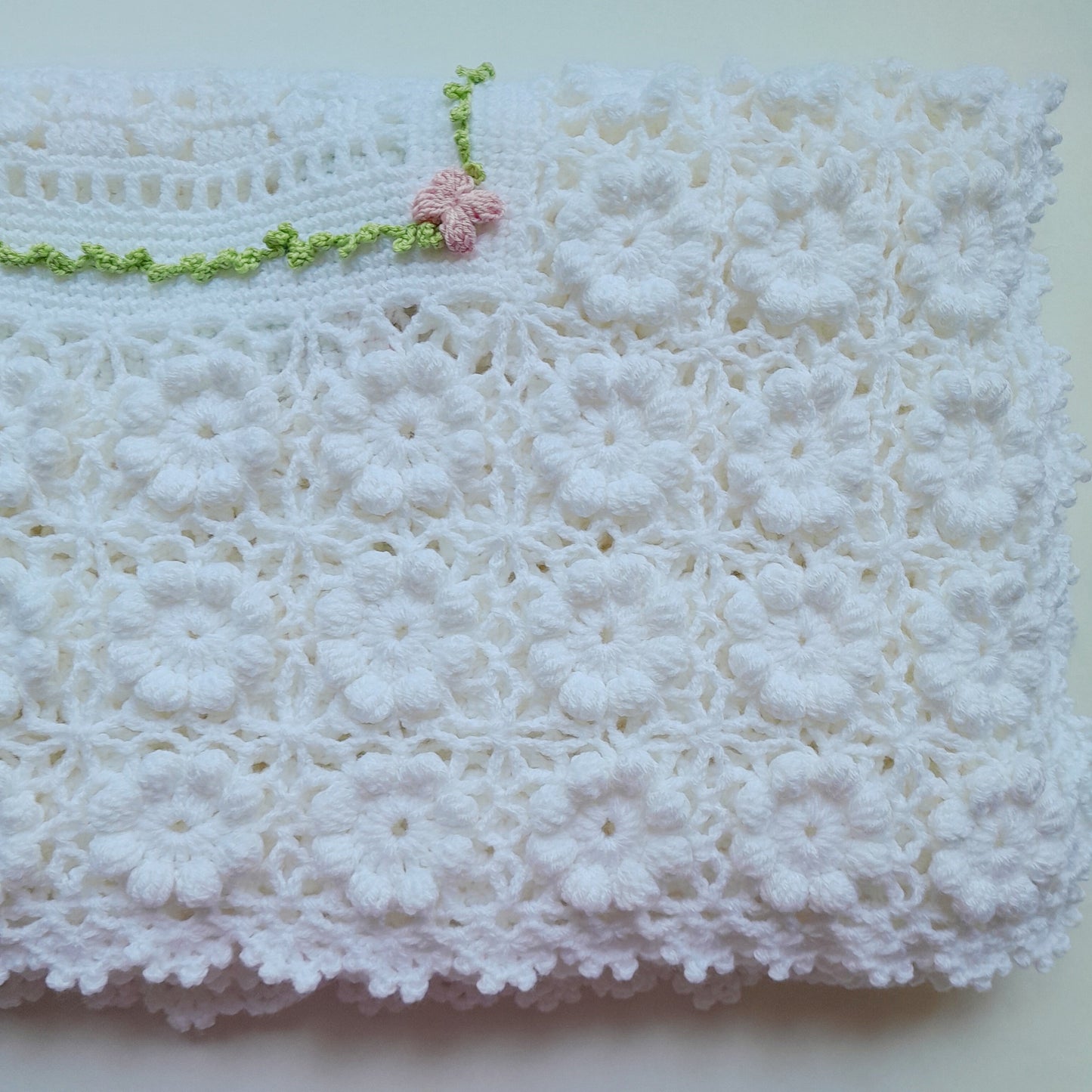 Crochet Baby Blanket, Bonnet, Booties White Blossom