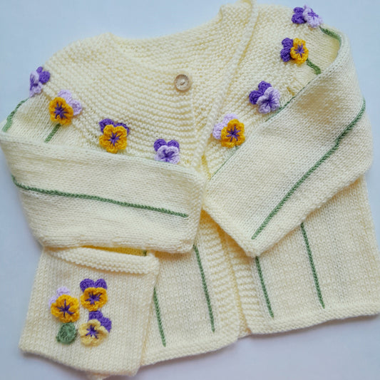 3T Knitted Baby Jacket with Pansy Crochet Applique