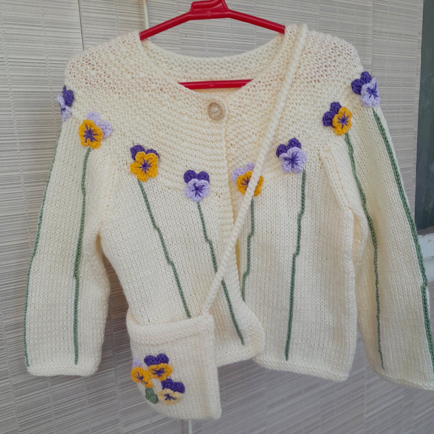 3T Knitted Baby Jacket with Pansy Crochet Applique